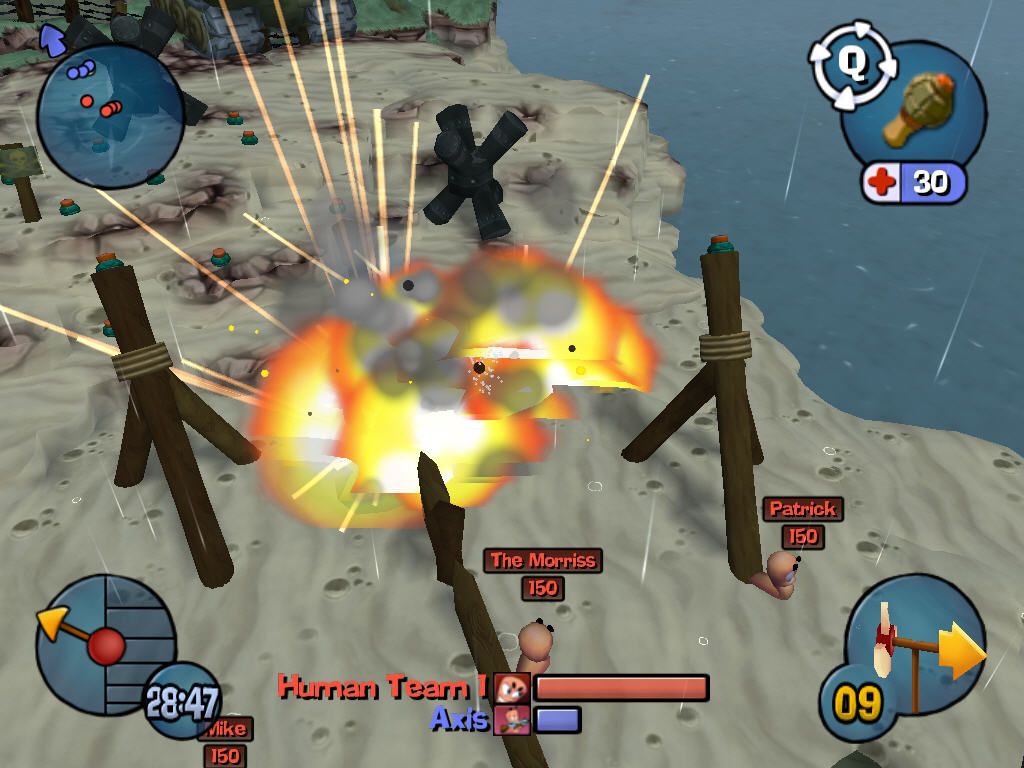 Worms 3D (Windows) screenshot: Cluster Bomb attack