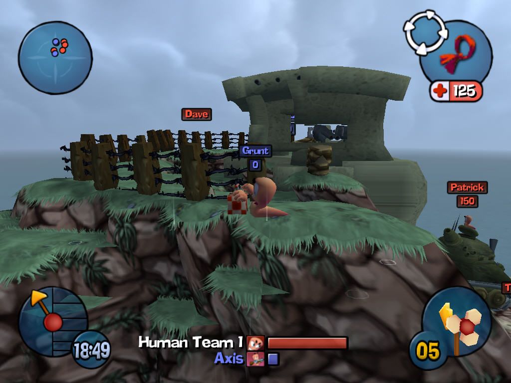 Worms 3D (Windows) screenshot: The worms death is still animated several different ways.