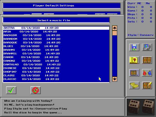 Ultimate Backgammon (DOS) screenshot: The game has many optional music tracks