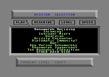 Skyfox II: The Cygnus Conflict (Commodore 64) screenshot: select mission/difficulty screen