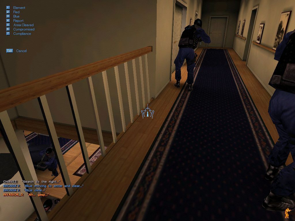 SWAT 3: Close Quarters Battle - Elite Edition (Windows) screenshot: Mission 3, remember to secure the yard with the other team while clearing the house.