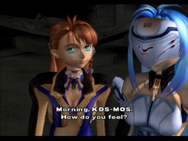 Xenosaga: Episode I - Der Wille zur Macht (PlayStation 2) screenshot: Shion and KOS-MOS in a virtual training world