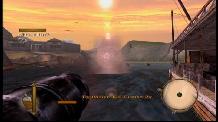Gun (Xbox 360) screenshot: Using a cannon to blast enemy boats sky high.
