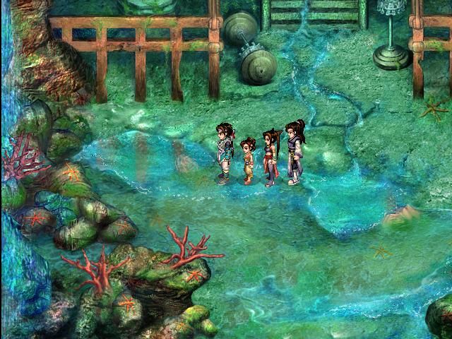 Xianjian Qixia Zhuan 2 (Windows) screenshot: The heroes are in front of a fairy tale-like dungeon