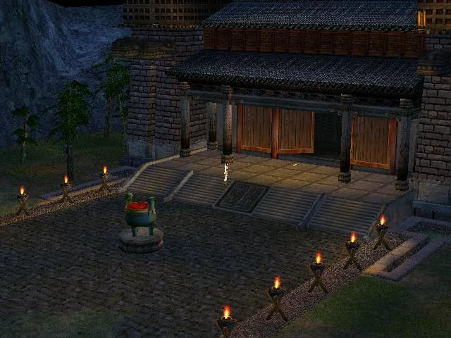 Xuanyuan Jian 4: Hei Long Wu xi Yun Fei Yang (Windows) screenshot: Shuijing looks small and scared in front of the sinister Qin Shihuang's hideout. It's a real comfort to know the bastard is dead by now, and has only his Terracotta Soldiers to protect him!