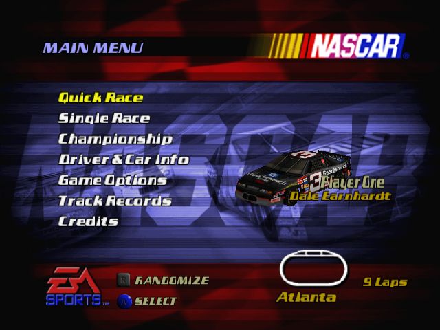 NASCAR 2000 (Nintendo 64) screenshot: Menu screen.