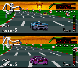 Top Gear (SNES) screenshot: The Japanese city of Hiroshima has a nice sunrise and competitive races too.
