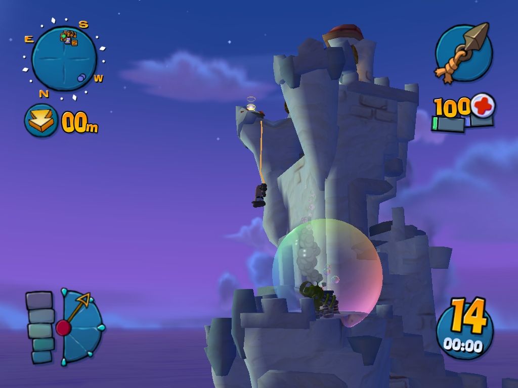 Worms 4: Mayhem (Windows) screenshot: Roping my way down
