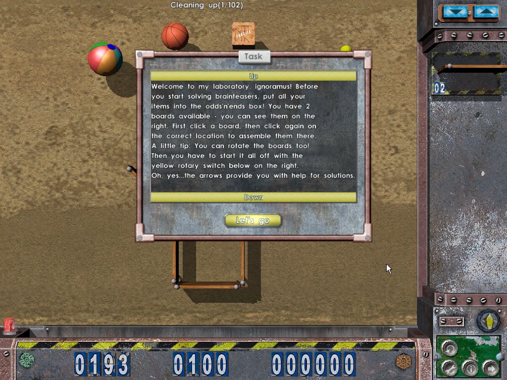 Crazy Machines: The Wacky Contraptions Game (Windows) screenshot: Instructions for your 1st puzzle