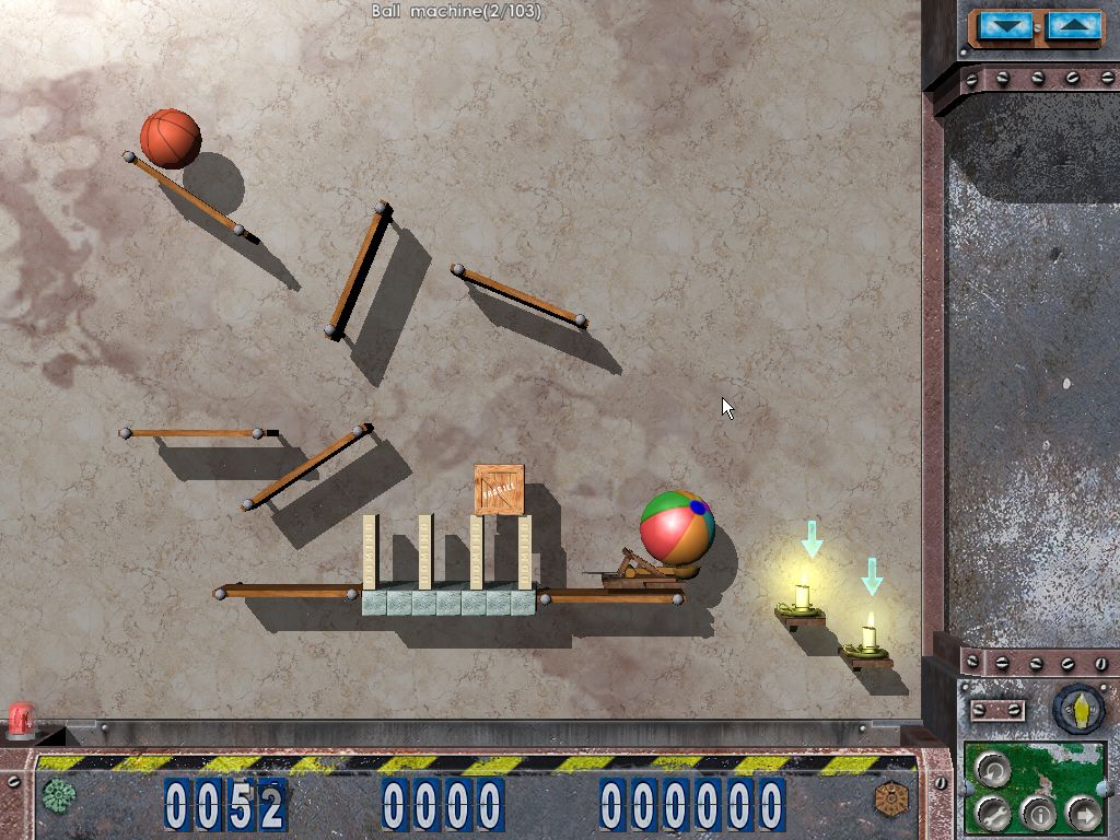 Crazy Machines: The Wacky Contraptions Game (Windows) screenshot: Get the basketball to the beachball to snuff out the candles