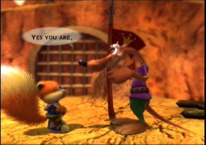 Conker: Live & Reloaded (Xbox) screenshot: Conker cleverly bluffs his way past the guard