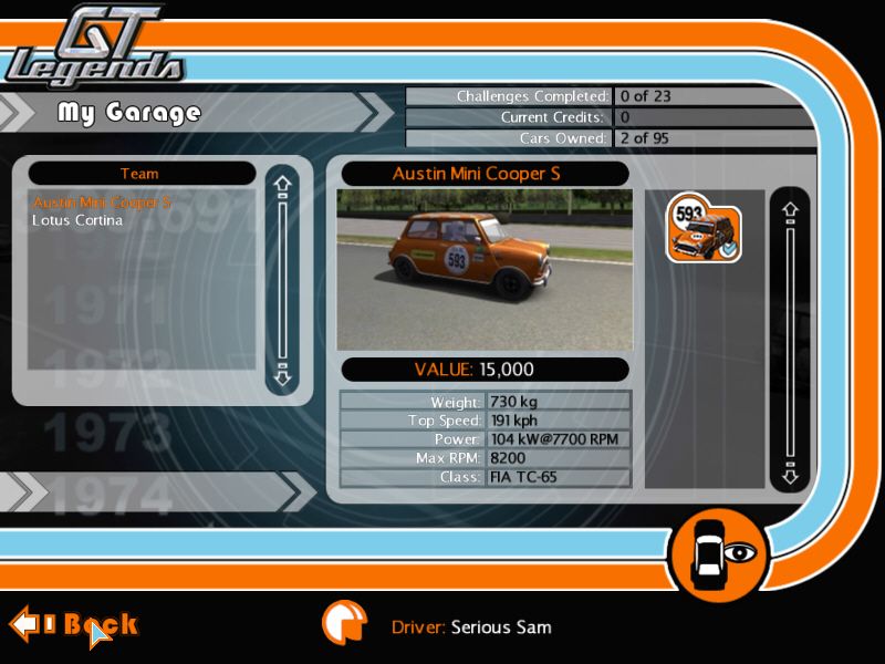 GT Legends (Windows) screenshot: My Garage contains all of your cars.