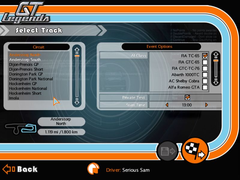 GT Legends (Windows) screenshot: Select a track.