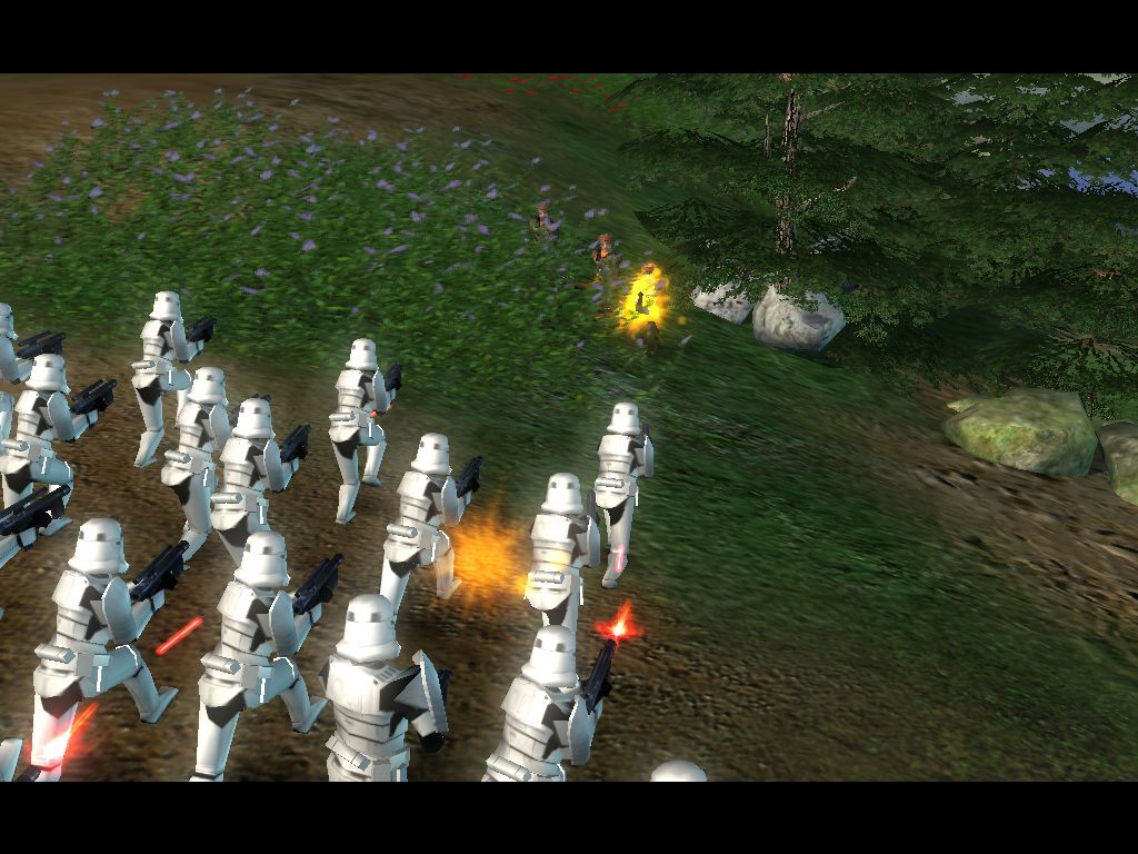 Star Wars: Empire at War (Windows) screenshot: Stormtroopers swarm a group of Rebels.