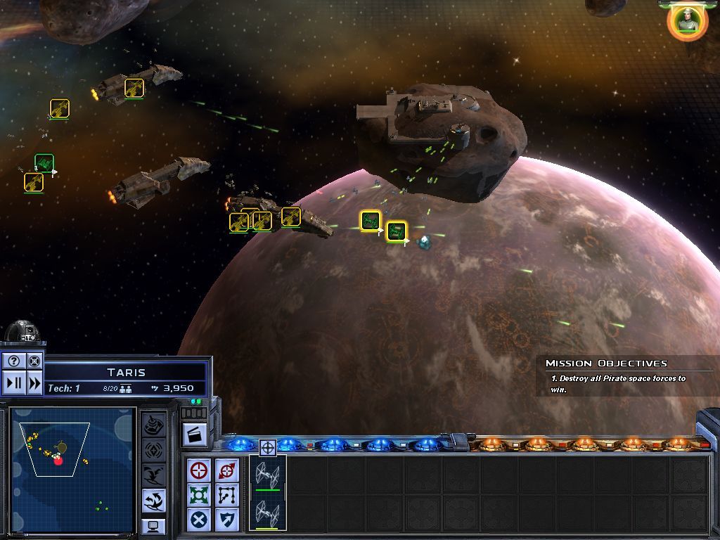 Star Wars: Empire at War (Windows) screenshot: Imperial ships raid a Pirate Asteroid Base.