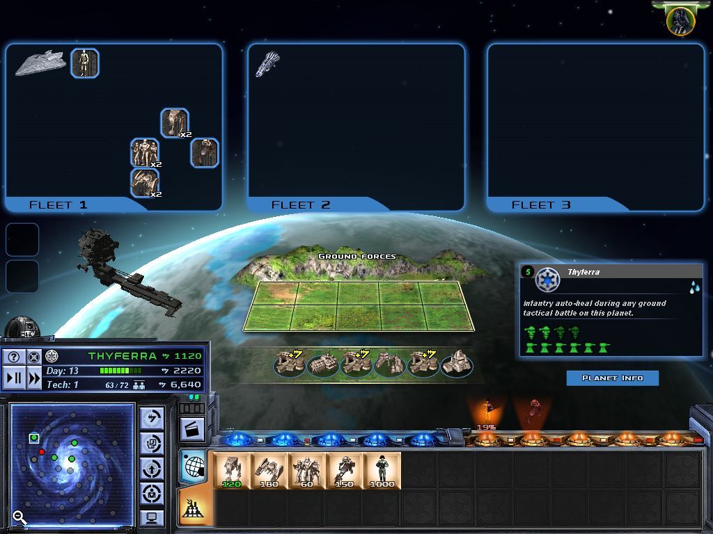 Star Wars: Empire at War (Windows) screenshot: The Build screen. Planets can support varying amounts of buildings.