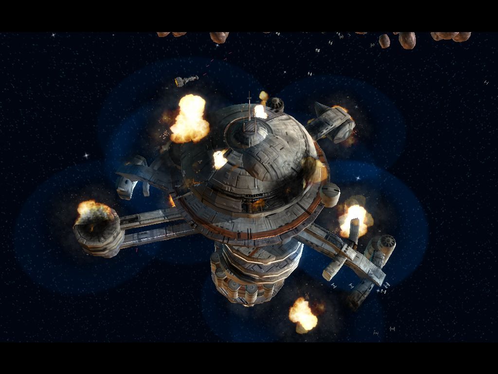 Star Wars: Empire at War (Windows) screenshot: The last moments of a Rebel Spacestation.