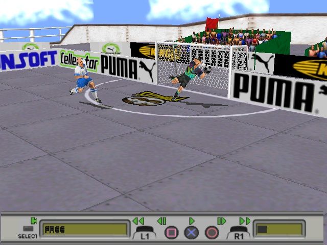 Puma Street Soccer (PlayStation) screenshot: Flying save with replay controls shown.