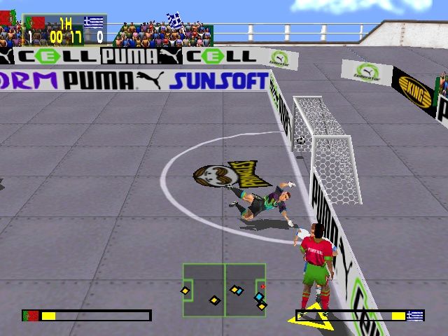 Puma Street Soccer (PlayStation) screenshot: Playing on the deck, the angle could be reduced but was enough to score.