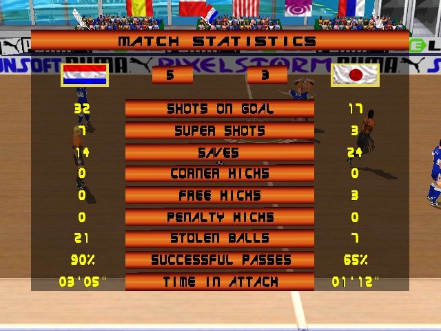 Puma Street Soccer (PlayStation) screenshot: End game stats