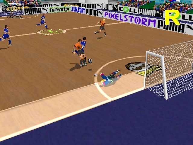 Puma Street Soccer (PlayStation) screenshot: Taking advantage of a poor dive.