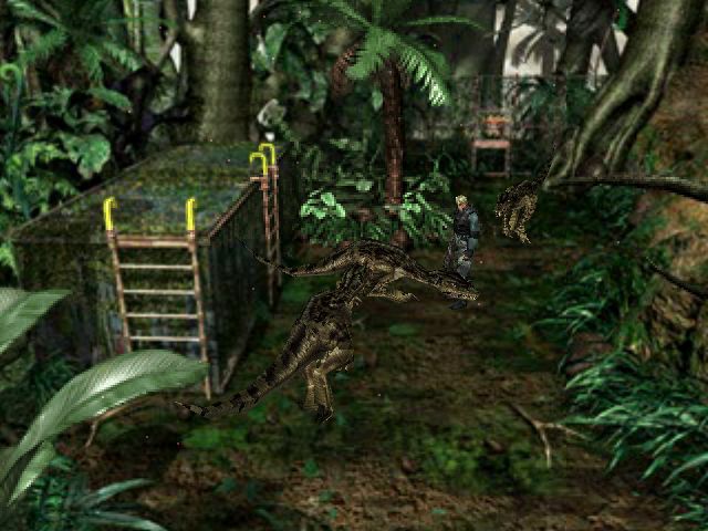 Dino Crisis 2 (PlayStation) screenshot: Now, Dylan is suddenly ambushed by three Velociraptors: it's dino-fighting time!