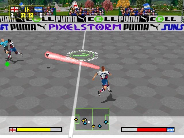 Puma Street Soccer (PlayStation) screenshot: Supershots are recognizable by the red trail.