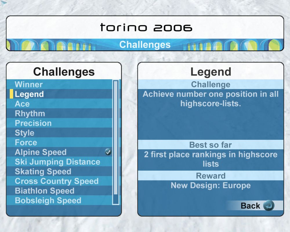 Torino 2006 (Windows) screenshot: Complete challenges to unlock extra features.