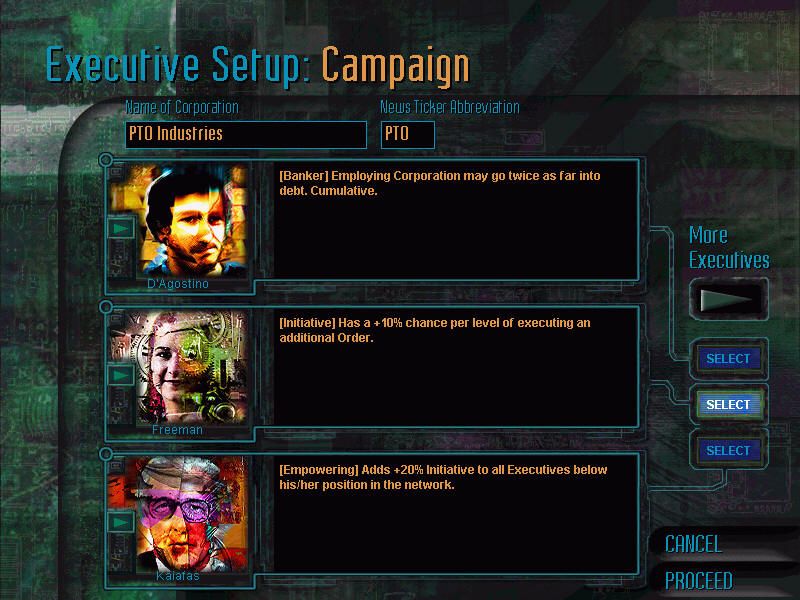 Tom Clancy's ruthless.com (Windows) screenshot: Choosing a CEO in campaign mode