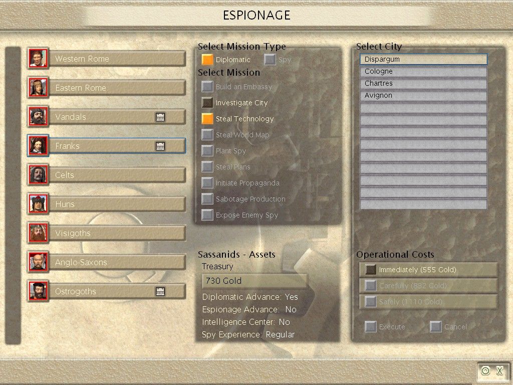 Sid Meier's Civilization III: Conquests (Windows) screenshot: The espionage menu