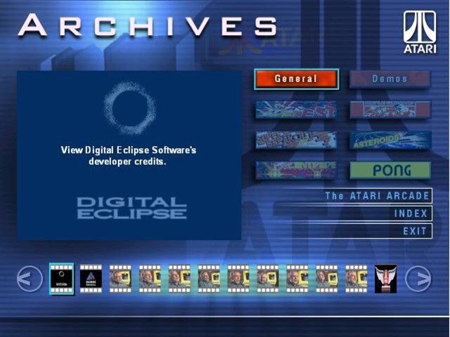 Atari Arcade Hits: Volume 1 (Windows) screenshot: Archives menu