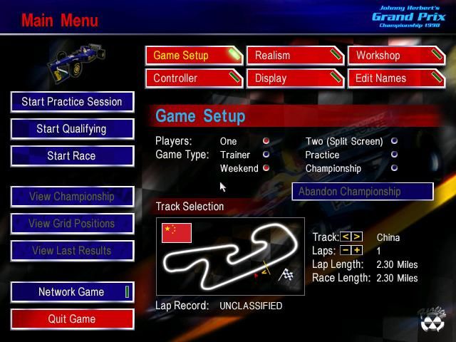 Johnny Herbert's Grand Prix Championship 1998 (Windows) screenshot: Main Menu