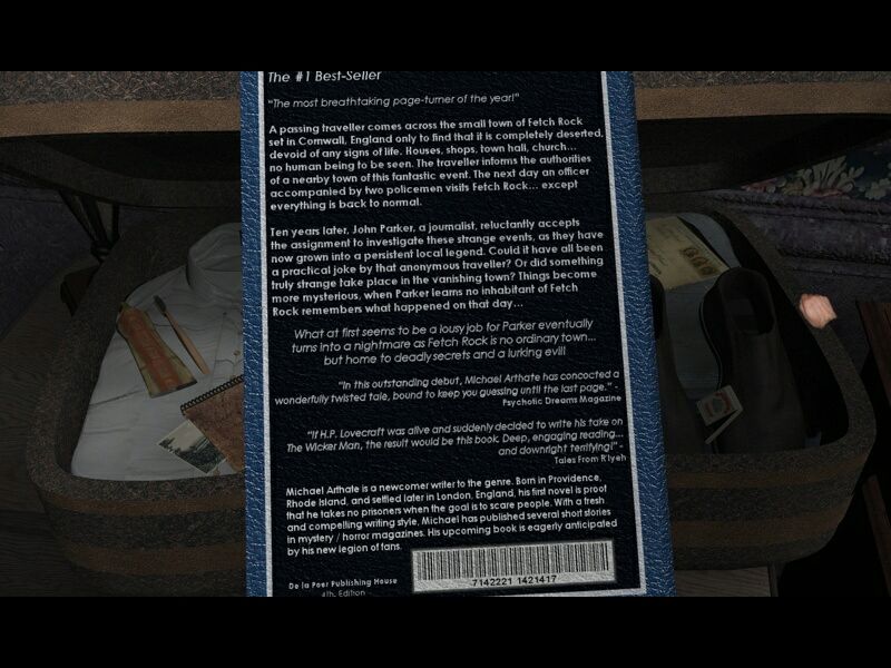 Scratches (Windows) screenshot: The back of Michael's last book (I count 4 references to Lovecraft)