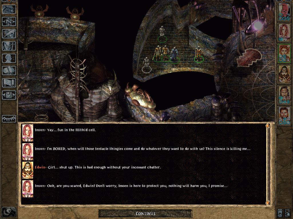 Baldur's Gate II: Shadows of Amn (Windows) screenshot: Bickering in Illithid Cell