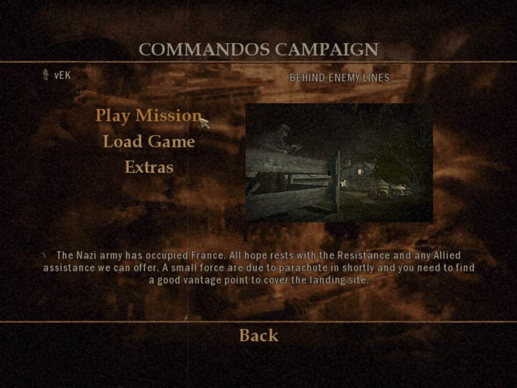Commandos: Strike Force (Windows) screenshot: Campaign menu