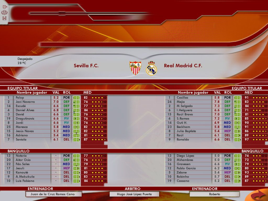 PC Fútbol 2006 (Windows) screenshot: Pre-match screen, line-ups