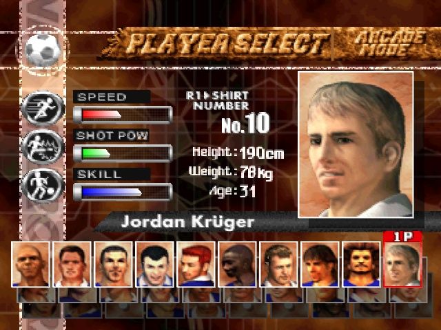 LiberoGrande (PlayStation) screenshot: Selecting a player (here, Jordan Krüger AKA Jürgen Klinsmann).