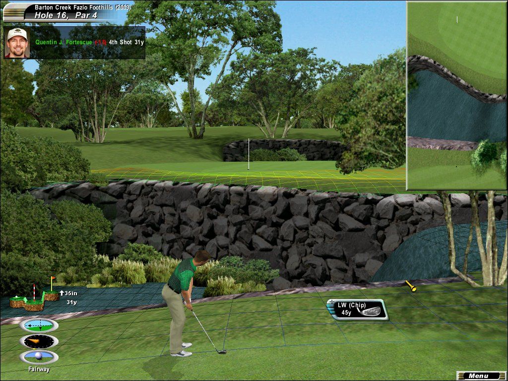 Links 2003: Championship Courses (Windows) screenshot: A creek makes this chip shot interesting at Barton Creek Golf Club in Austin, TX.