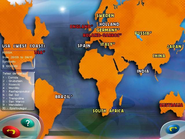 The French Open 1998 (Windows) screenshot: Selecting tournaments in season mode