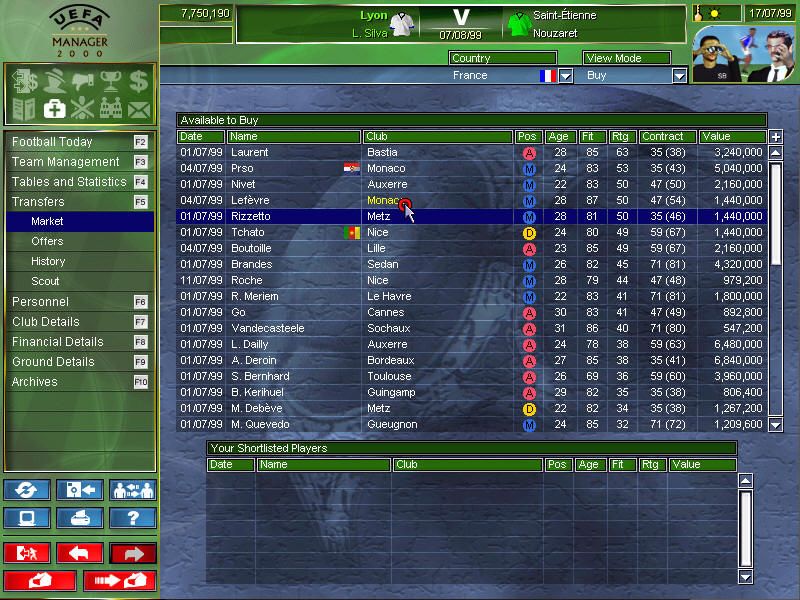 UEFA Manager 2000 (Windows) screenshot: Transfer market. Beware players with low Fitness.