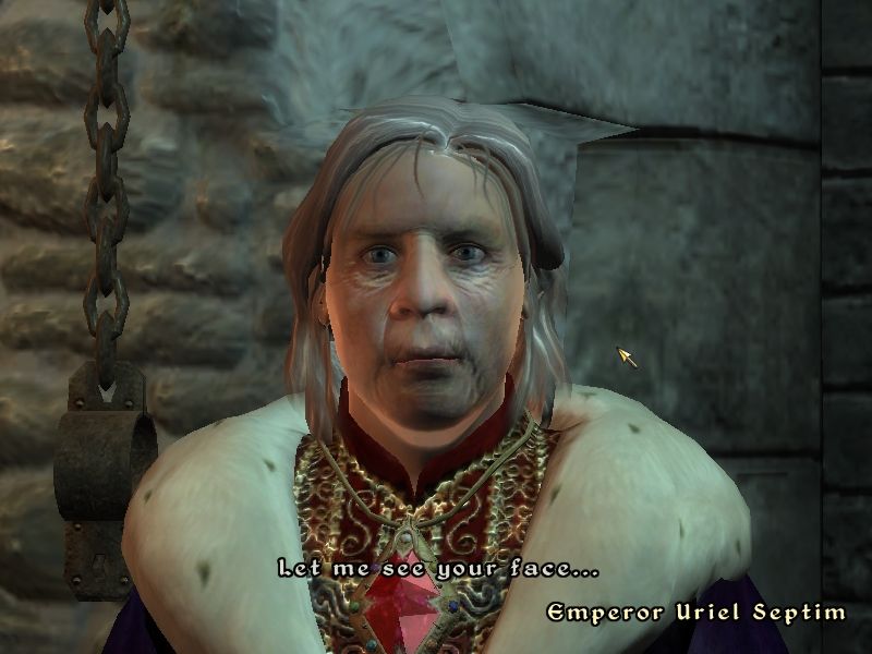 The Elder Scrolls IV: Oblivion (Windows) screenshot: The Emperor addresses you, a lowly prisoner. Conversations have such detailed close-ups in the game