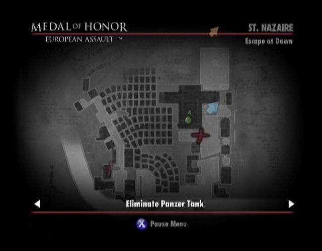 Medal of Honor: European Assault (Xbox) screenshot: The map shows you where your objectives are located.