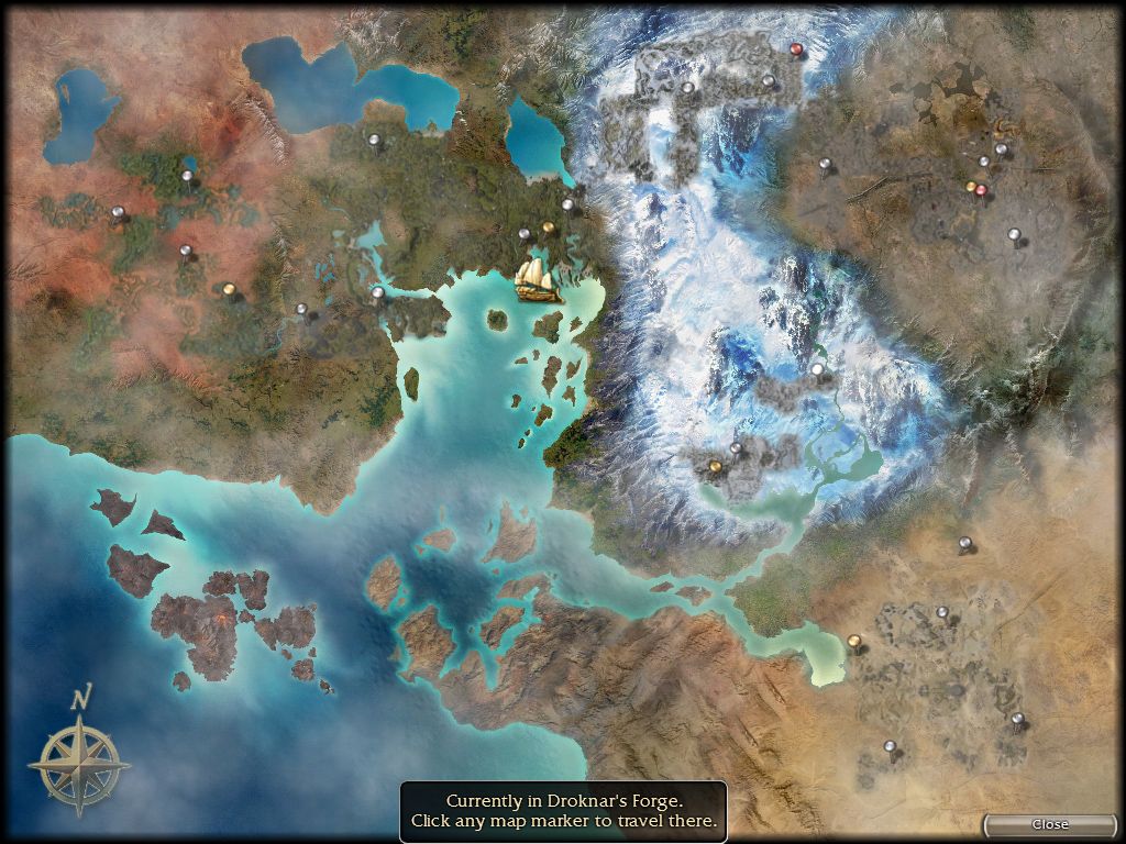 Guild Wars (Windows) screenshot: The world map of Tyria - each pin represents either a mission (silver), a big city (gold) or an arena (red)