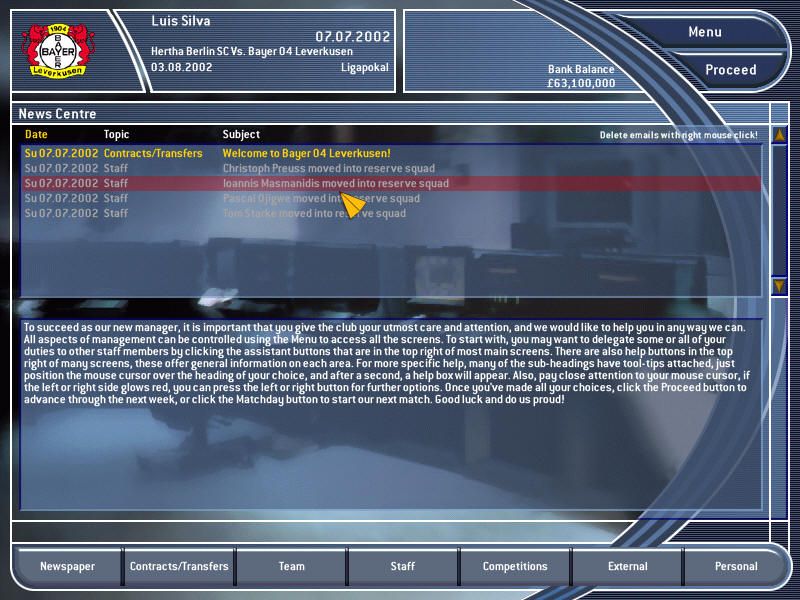 Total Club Manager 2003 (Windows) screenshot: Important news go here