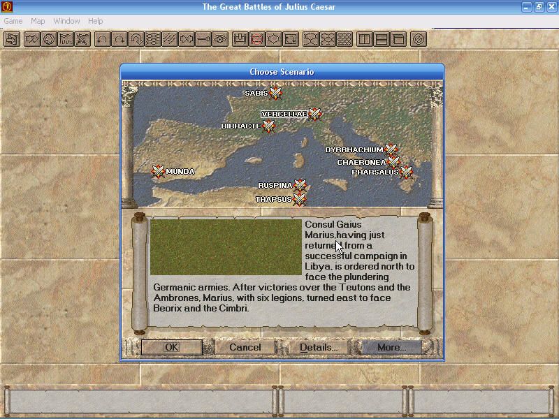 The Great Battles of Caesar (Windows) screenshot: Selecting a battle.