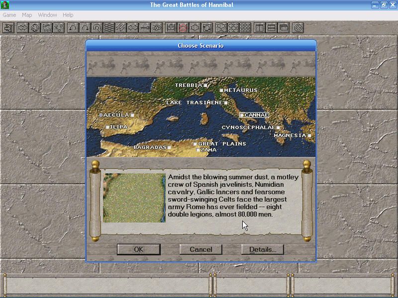 The Great Battles of Hannibal (Windows) screenshot: Selecting a battle