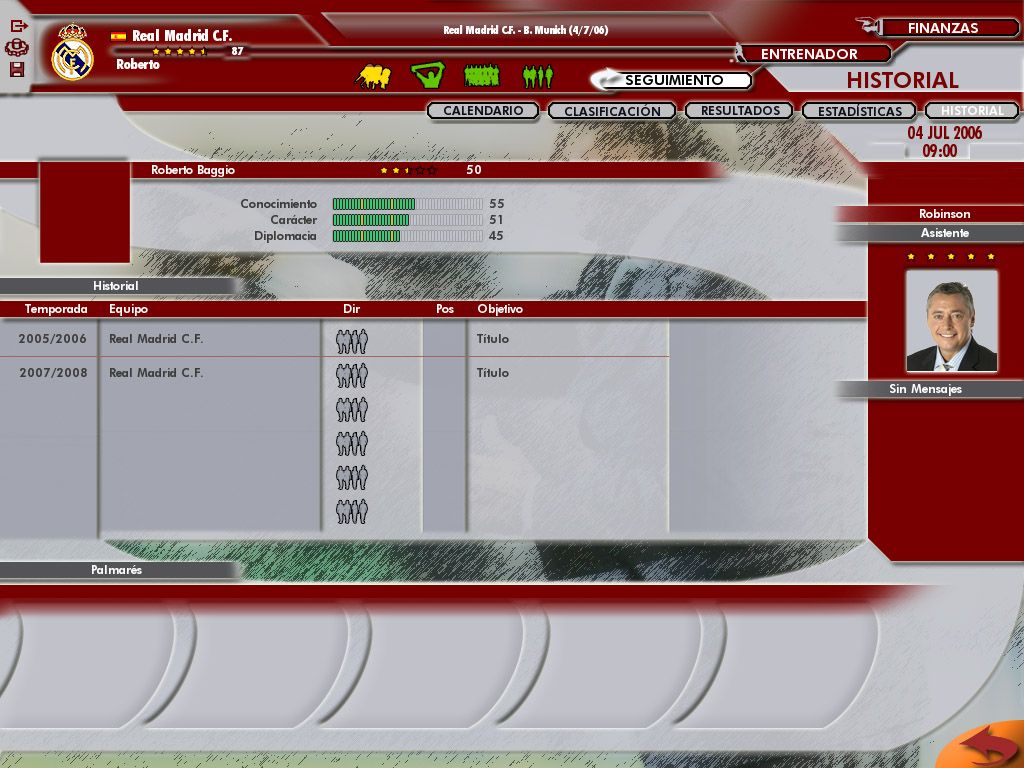 PC Fútbol 2006 (Windows) screenshot: Your progression, recorded