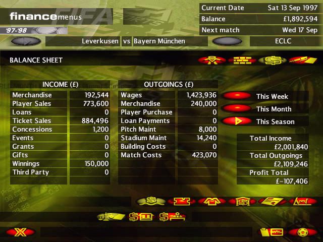 FIFA Soccer Manager (Windows) screenshot: Financial balance. Unless you shell out for a huge stadium, money is scarce.