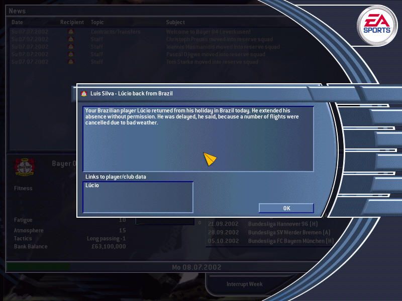 Total Club Manager 2003 (Windows) screenshot: Random events during the week