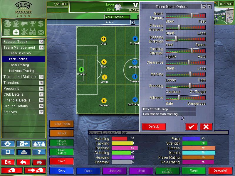 UEFA Manager 2000 (Windows) screenshot: Team tactics